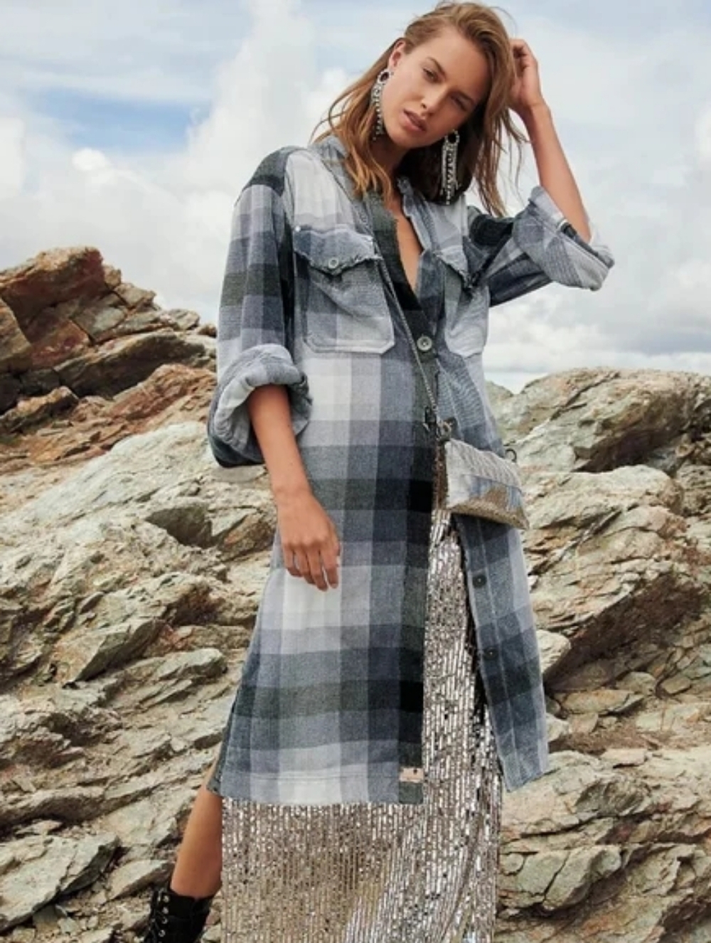 FREE PEOPLE Womens Ashima Soft Chenille Plaid Long Duster Kimono Jacket Size‎ XS
